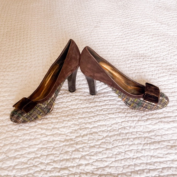 Coach Naomi Tweed Boucle  Plaid Suede Brown Velvet Bow Heels - Picture 1 of 12
